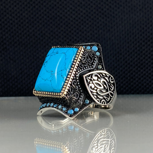 Large Turquoise Blue Stone 925 Solid Silver Men Ring