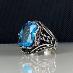 Aquamarine Blue Topaz 925 Sterling Silver Men Handmade Ring