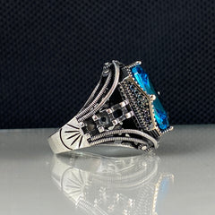 Aquamarine Blue Topaz 925 Sterling Silver Men Handmade Ring