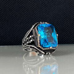 Aquamarine Blue Topaz 925 Sterling Silver Men Handmade Ring