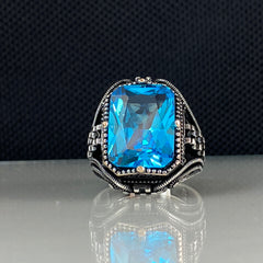 Aquamarine Blue Topaz 925 Sterling Silver Men Handmade Ring