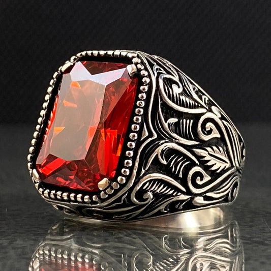 Red Ruby Stone 925 Sterling Silver Men Ring