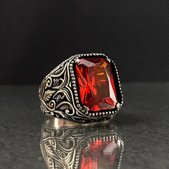 Red Ruby Stone 925 Sterling Silver Men Ring