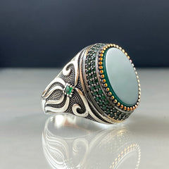 Green Agate Gemstone 925 Sterling Silver Men Ring