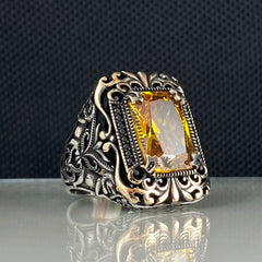 Yellow Citrine Stone 925 Solid Silver Men Handmade Ring