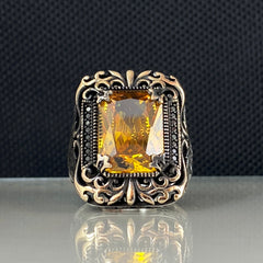 Yellow Citrine Stone 925 Solid Silver Men Handmade Ring