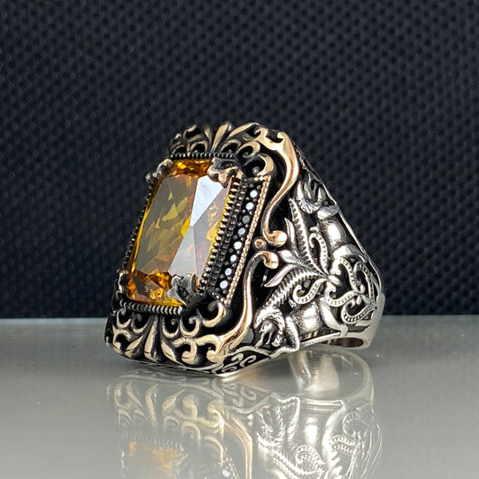 Yellow Citrine Stone 925 Solid Silver Men Handmade Ring