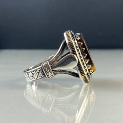 Brown Tiger Eye Stone 925 Silver Men Ring