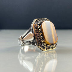 Brown Tiger Eye Stone 925 Silver Men Ring