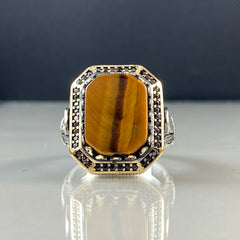 Brown Tiger Eye Stone 925 Silver Men Ring