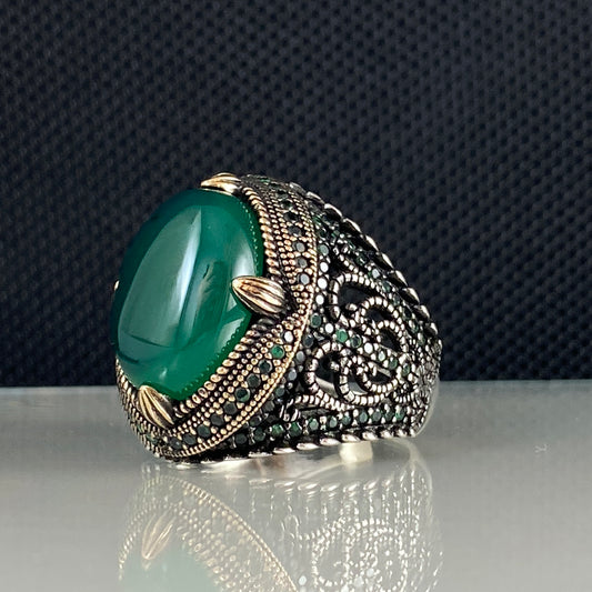 Green Agate Stone 925 Solid Silver Men Handmade Ring