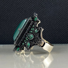 Large Green Agate Stone 925 Solid Silver Men Ring