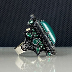 Large Green Agate Stone 925 Solid Silver Men Ring