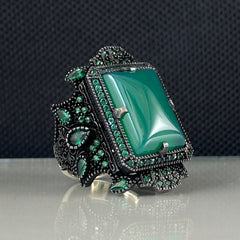 Large Green Agate Stone 925 Solid Silver Men Ring