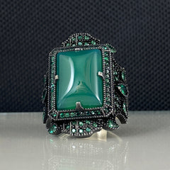 Large Green Agate Stone 925 Solid Silver Men Ring