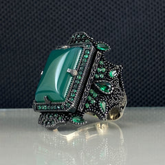 Large Green Agate Stone 925 Solid Silver Men Ring