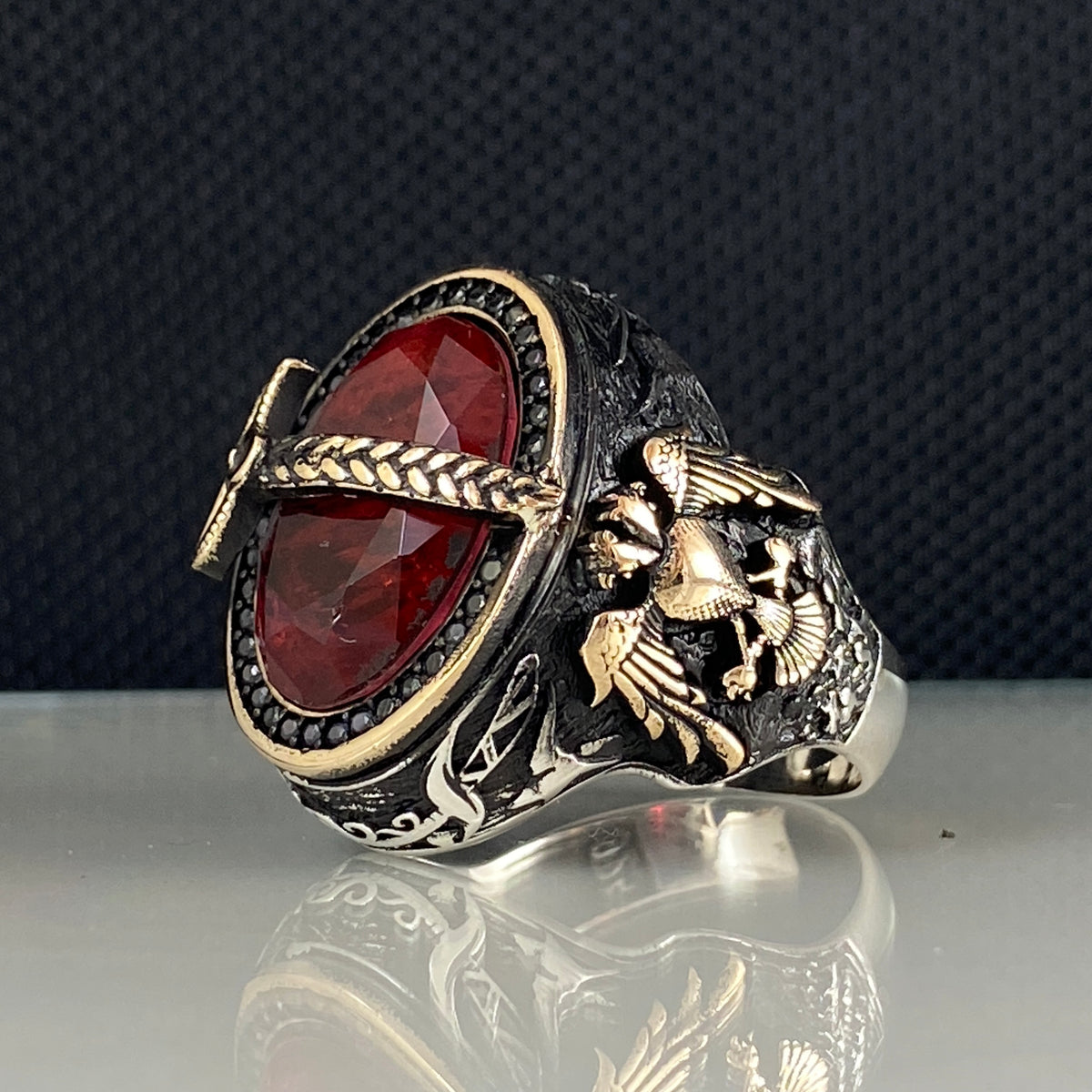 Double Head Eagle Red Ruby Stone 925 Sterling Silver Men Ring