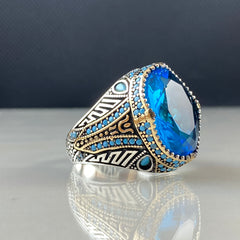 Oval Blue Aquamarine Stone 925 Silver Men Ring