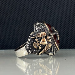 Double Head Eagle Red Ruby Stone 925 Sterling Silver Men Ring