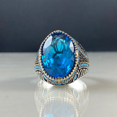 Oval Blue Aquamarine Stone 925 Silver Men Ring