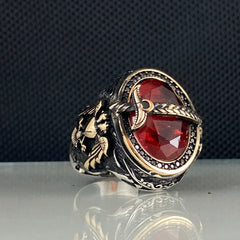 Double Head Eagle Red Ruby Stone 925 Sterling Silver Men Ring