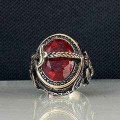 Double Head Eagle Red Ruby Stone 925 Sterling Silver Men Ring