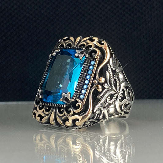 Blue Aquamarine Stone 925 Solid Silver Men Ring