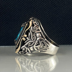 Blue Aquamarine Stone 925 Solid Silver Men Ring