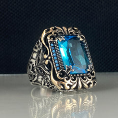 Blue Aquamarine Stone 925 Solid Silver Men Ring