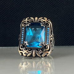 Blue Aquamarine Stone 925 Solid Silver Men Ring