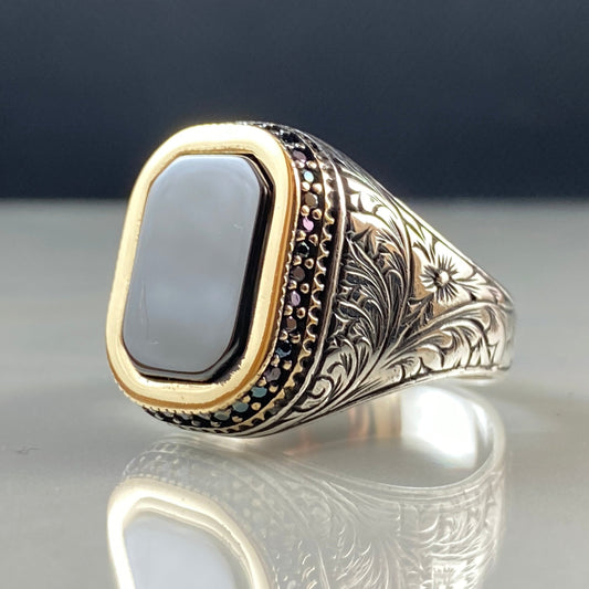 Hand Engraved Black Onyx Stone 925 Silver Men Ring