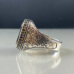 Hand Engraved Black Onyx Stone 925 Silver Men Ring