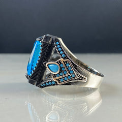 Classic Blue Stone 925 Sterling Silver Aquamarine Men Ring