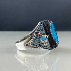 Classic Blue Stone 925 Sterling Silver Aquamarine Men Ring