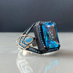 Classic Blue Stone 925 Sterling Silver Aquamarine Men Ring