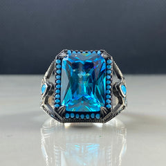 Classic Blue Stone 925 Sterling Silver Aquamarine Men Ring