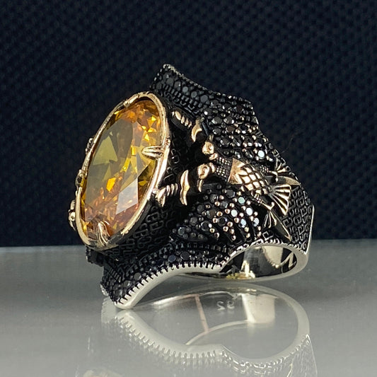 Yellow Citrine Stone 925 Sterling Silver Men Handmade Ring