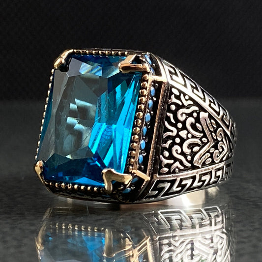 Blue Aquamarine Stone 925 Silver Ring For Mens