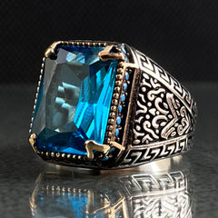 Blue Aquamarine Stone 925 Silver Ring For Mens