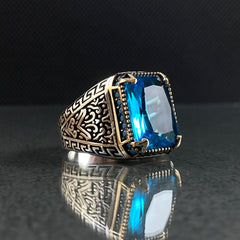 Blue Aquamarine Stone 925 Silver Ring For Mens