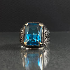 Blue Aquamarine Stone 925 Silver Ring For Mens