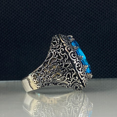 Aquamarine Blue Stone 925 Sterling Silver Men Ring