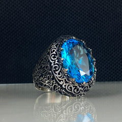 Aquamarine Blue Stone 925 Sterling Silver Men Ring