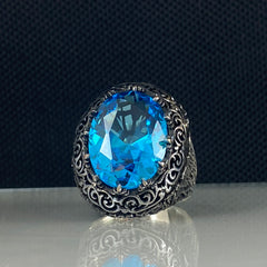 Aquamarine Blue Stone 925 Sterling Silver Men Ring