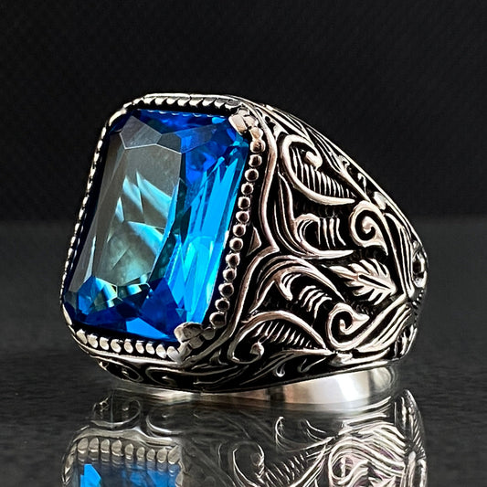 Aquamarine 925 Sterling Silver Ring For Men