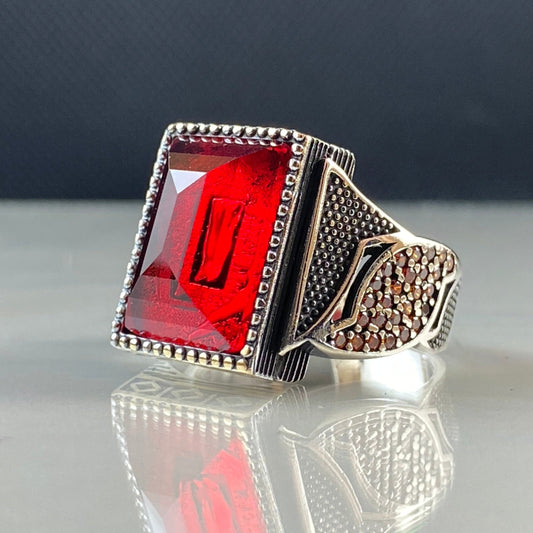 Red Color Stone Ruby 925 Sterling Silver Men Ring