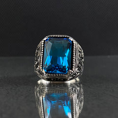 Aquamarine 925 Sterling Silver Ring For Men