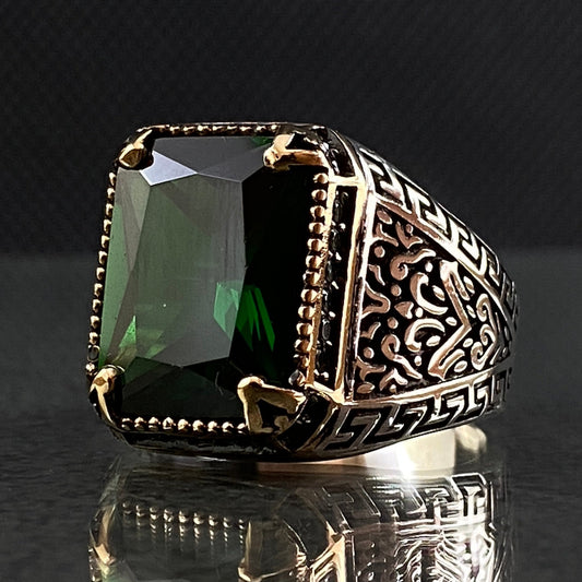 925 Solid Silver Emerald Gemstone Ring For Men