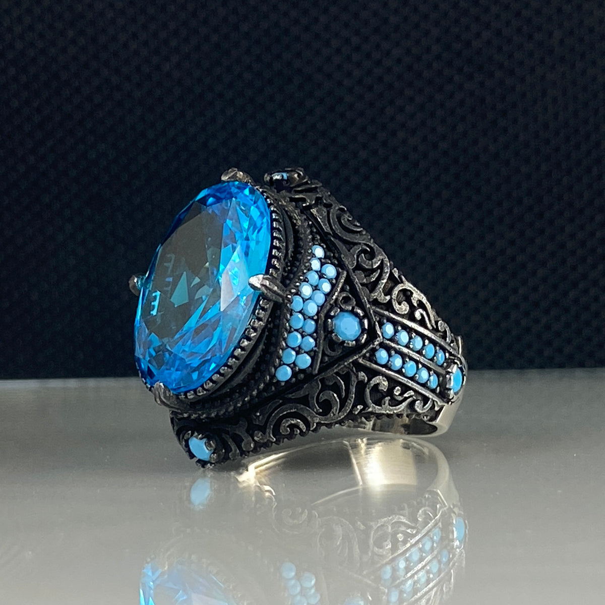 Aquamarine Blue Stone 925 Sterling Silver Men Ring