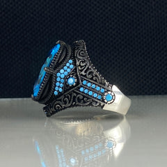 Aquamarine Blue Stone 925 Sterling Silver Men Ring